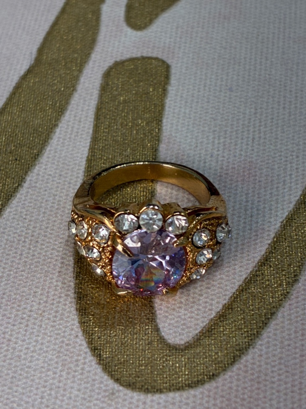 Gold-Tone Crystal Beveled Glass Cocktail Ring with Lavender Center Stone